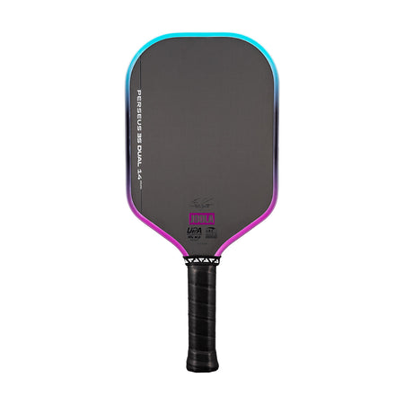 White background, image of a JOOLA Perseus 3S Dual pickleball paddle with a purple and blue dual gradiant edge guard.