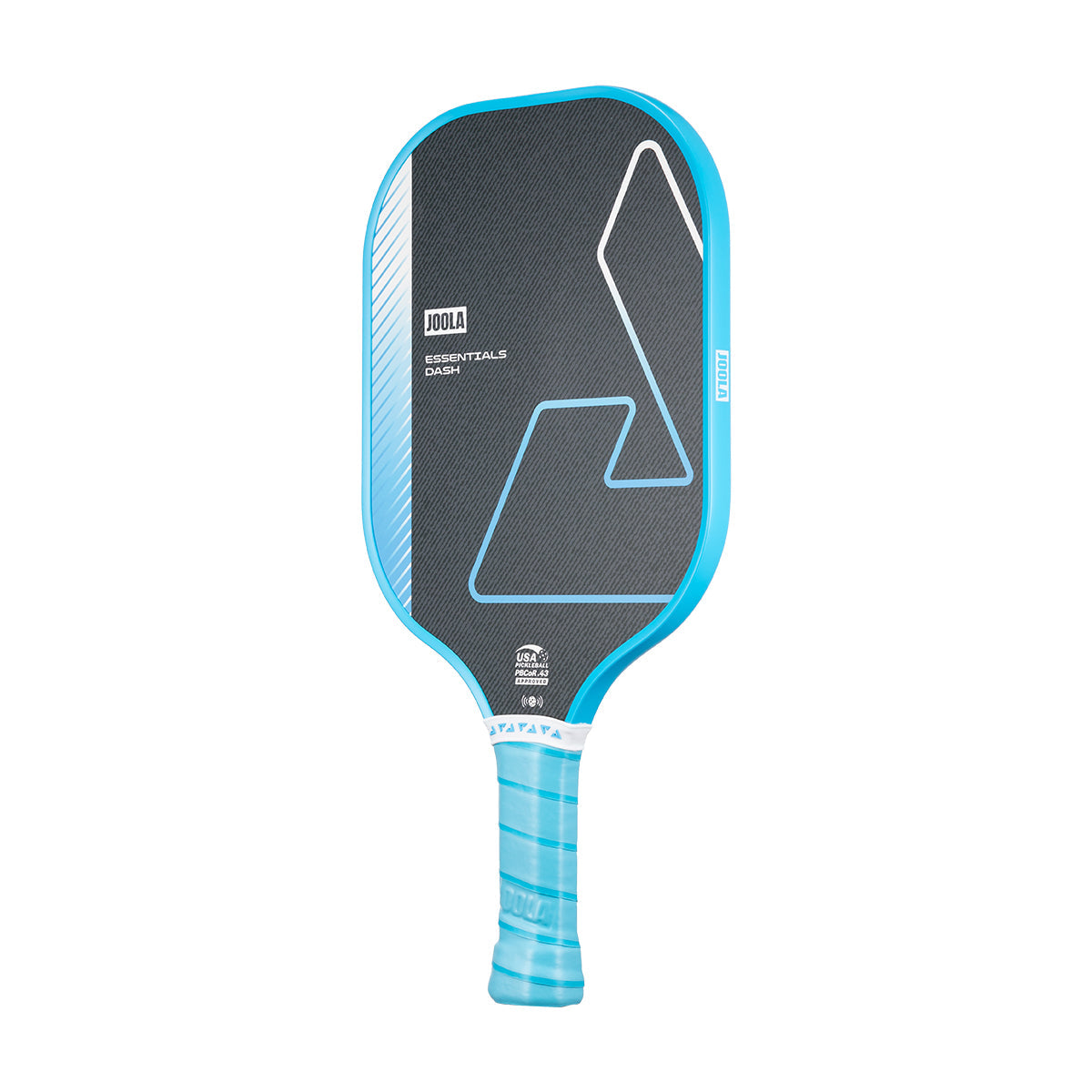 White background, product image of the JOOLA Essentials Dash pickleball paddle, blue handle, blue edge guard, and black, white and blue surface color.