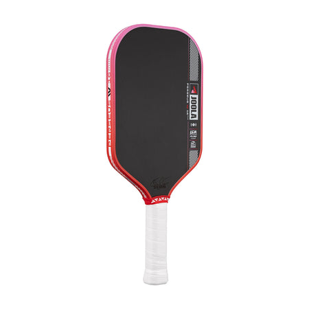 Pickleball paddle with black surface, red edges, and white handle on a white background