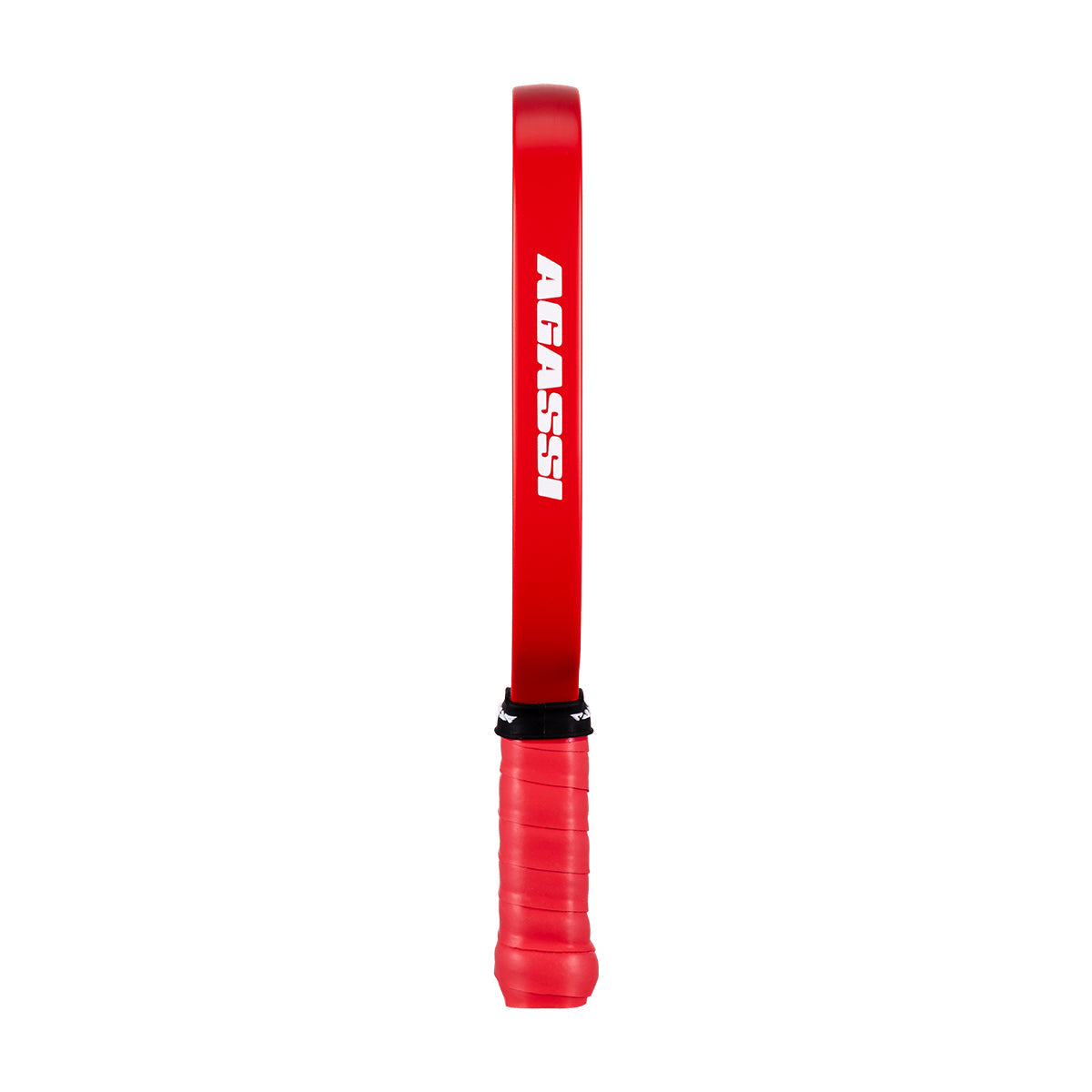 White background, image of the Agassi wordmark on the side of a Agassi Pro Miniature paddle.