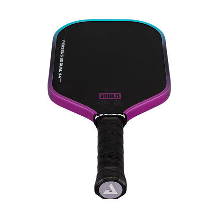 White background, image of a JOOLA Perseus 3S Dual pickleball paddle with a purple and blue dual gradiant edge guard.