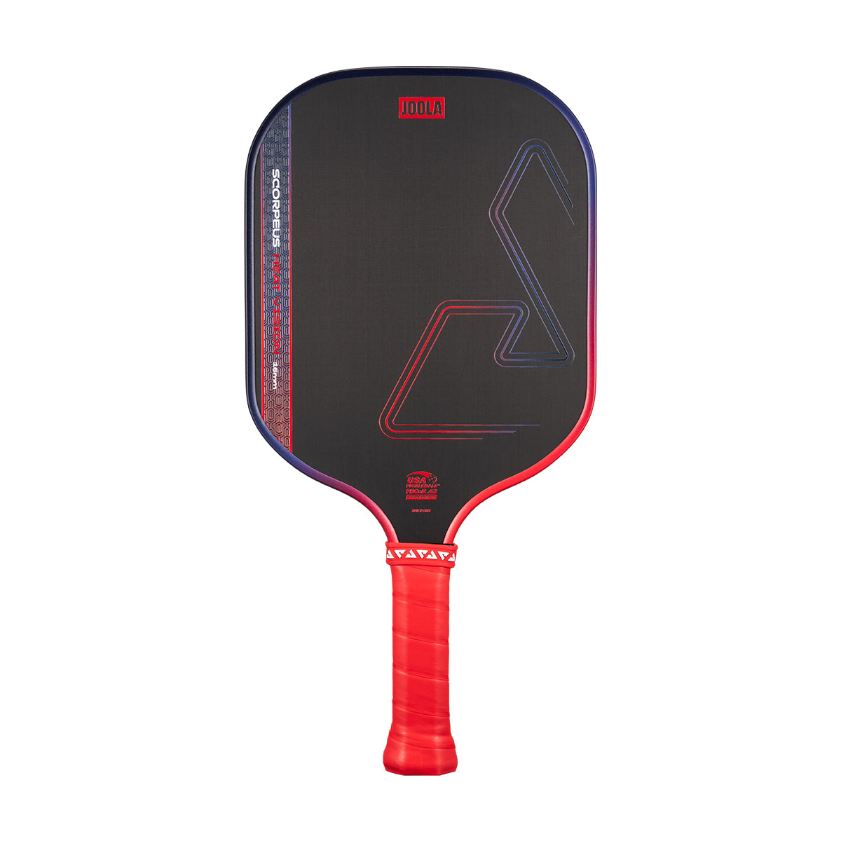 Black and red JOOLA Scorpeus Heat Vision pickleball paddle.