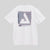 Gray background, white tee shirt with cool futuristic logo on the back.