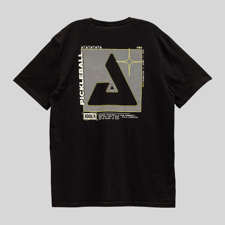 Gray background, back JOOLA tee with cool futuristic image on the back. Black, yellow and white.