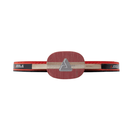 White Background Image: Closeup of the bottom JOOLA icon on Black and Red handle of the JOOLA Rosskopf Attack Racket
