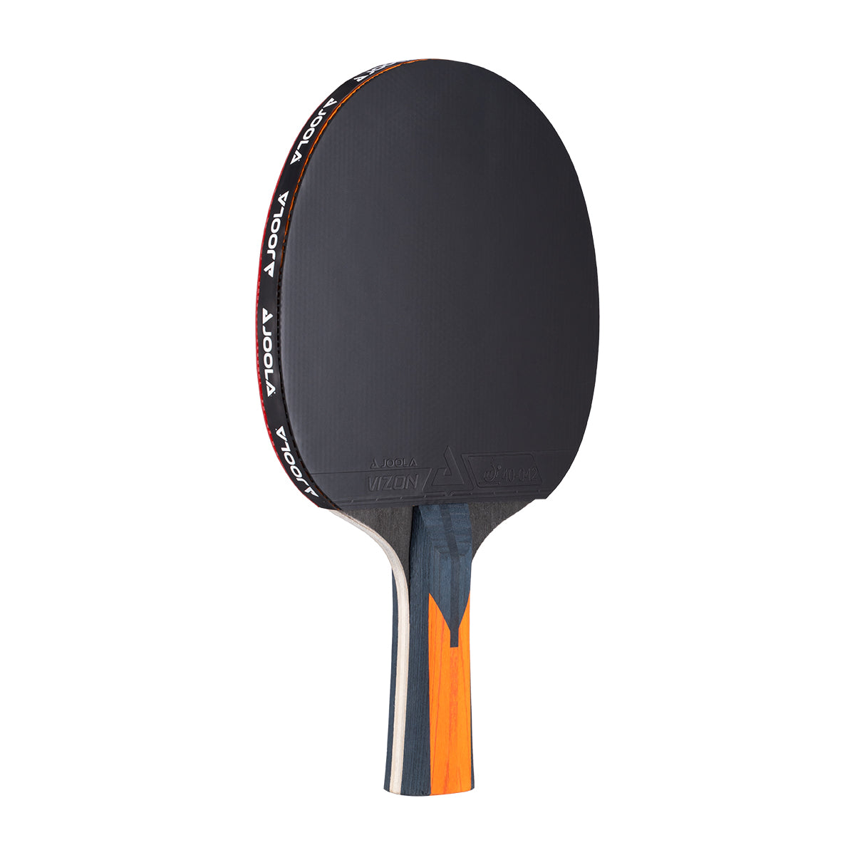 Table tennis paddle with black surface and orange handle on a white background.