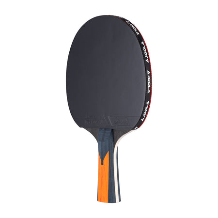 JOOLA Carnom Control table tennis racket, black surface, orange and black handle.