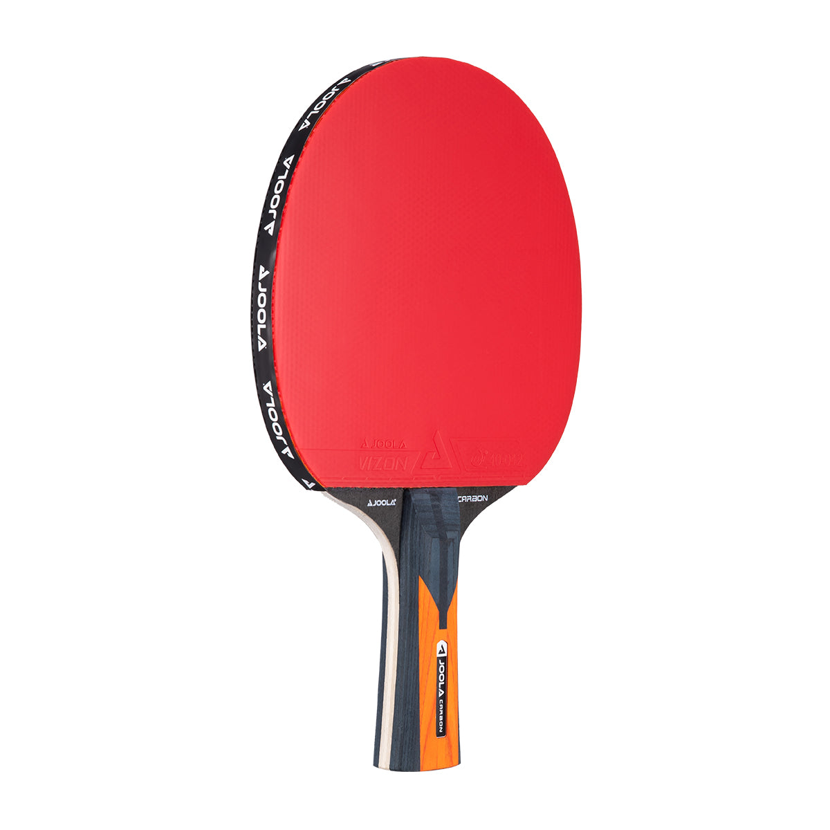 JOOLA Carbon Control Red ping pong racket with black and orange accents on a white background.