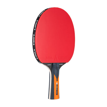 JOOLA Carbon Control Red ping pong racket with black and orange accents on a white background.