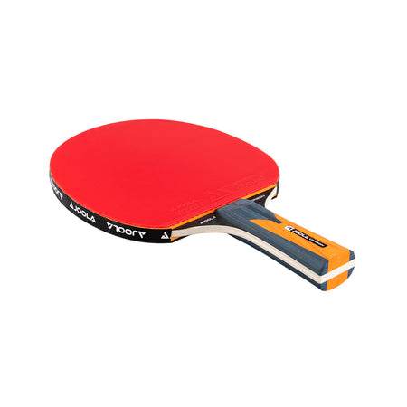 Red table tennis paddle with black and orange handle on a white background.