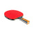 Red table tennis paddle with black and orange handle on a white background.