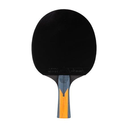 Black table tennis paddle with a yellow accent on a white background.