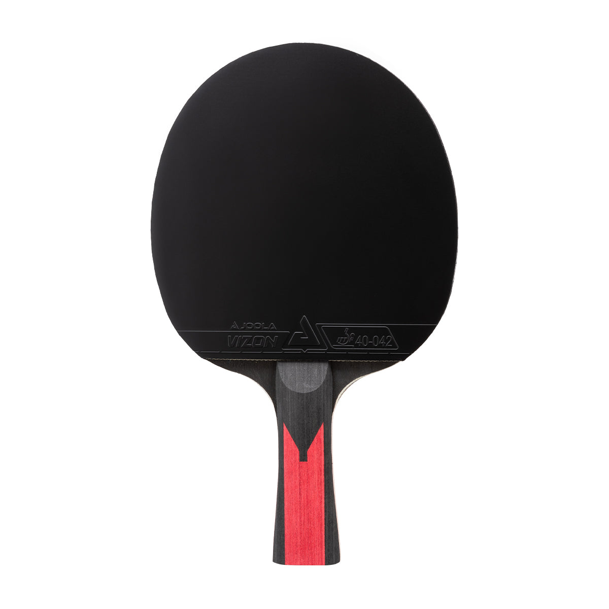 White background, JOOLA Carbon Speed Table Tennis Racket with black surface, and red and black handle.