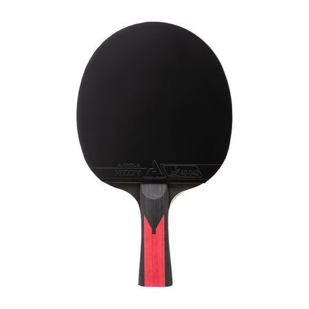 White background, JOOLA Carbon Speed Table Tennis Racket with black surface, and red and black handle.