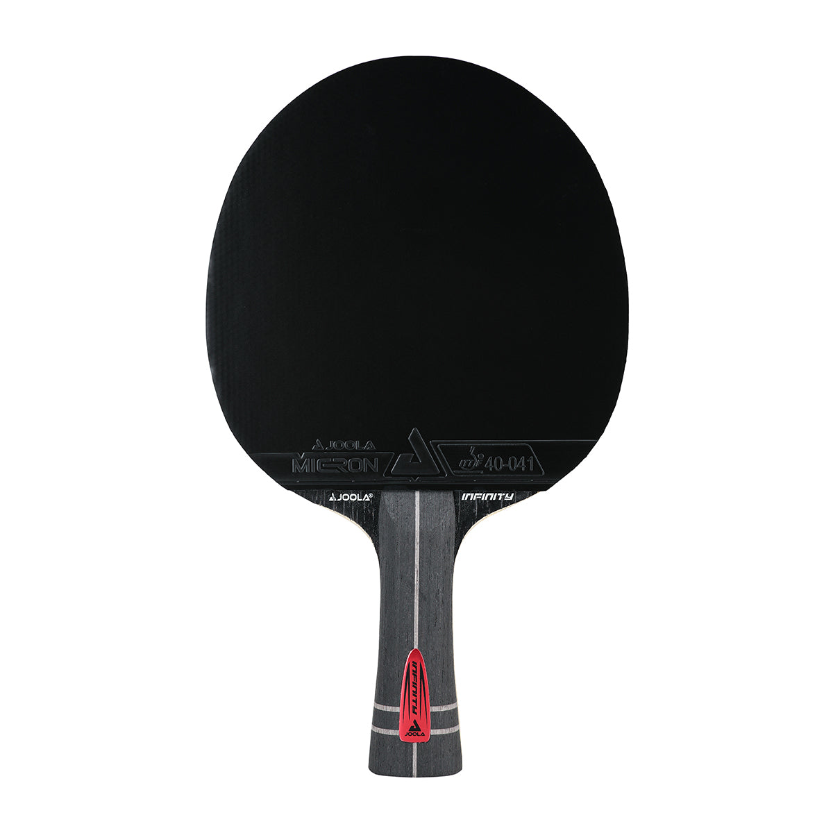 White background, JOOLA Infinity Z Carbon Table Tennis Racket with a black surface and a black, gray and red handle.