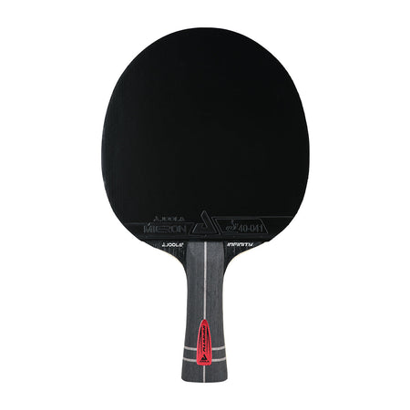 White background, JOOLA Infinity Z Carbon Table Tennis Racket with a black surface and a black, gray and red handle.