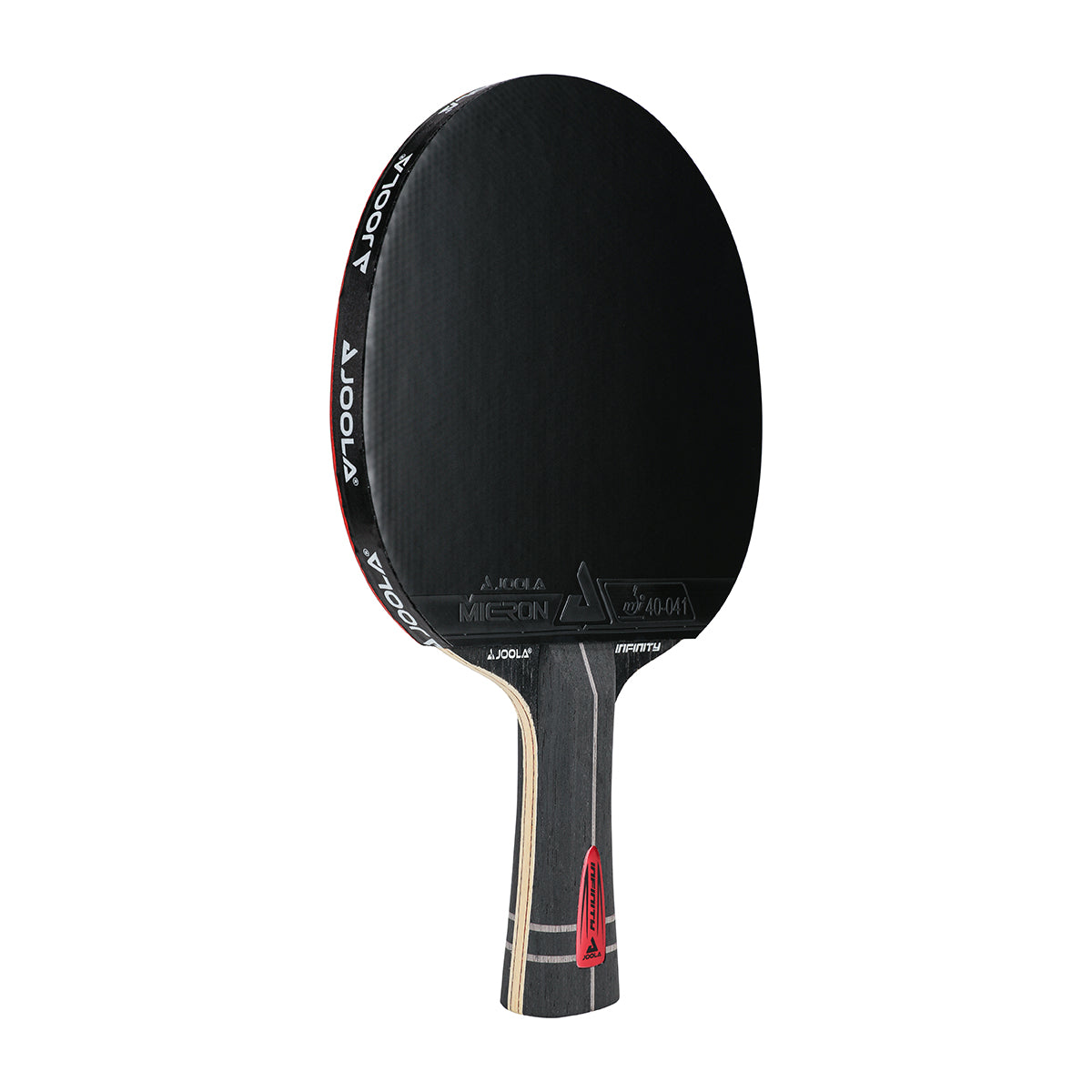 White background, JOOLA Infinity Z Carbon Table Tennis Racket with a black surface and a black, gray and red handle.