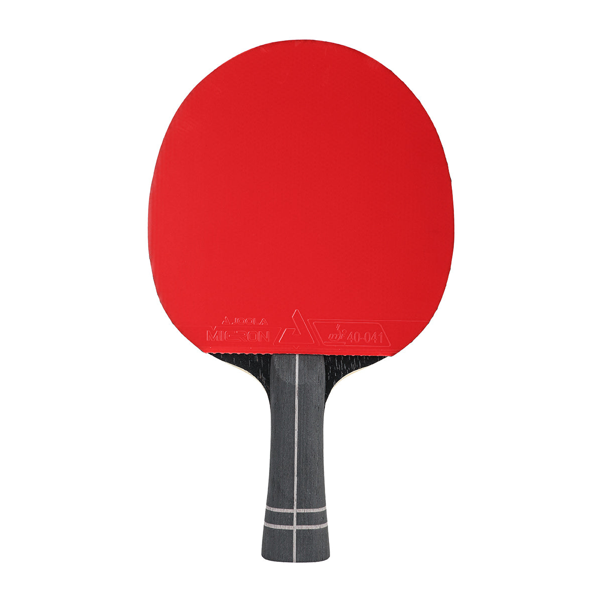 White background, JOOLA Infinity Z Carbon Table Tennis Racket with a red surface and a black, gray and red handle.