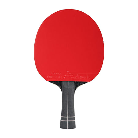 White background, JOOLA Infinity Z Carbon Table Tennis Racket with a red surface and a black, gray and red handle.