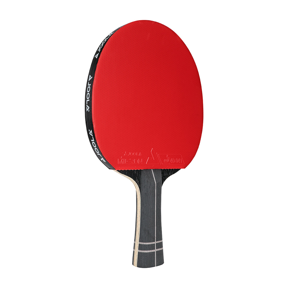 White background, JOOLA Infinity Z Carbon Table Tennis Racket with a red surface and a black, gray and red handle.