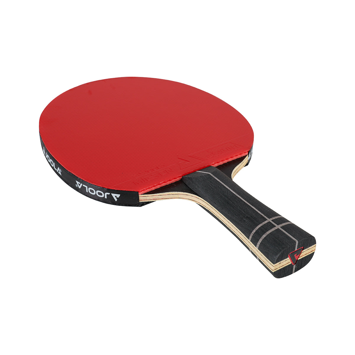 White background, JOOLA Infinity Z Carbon Table Tennis racket with a black handle and a red surface. 