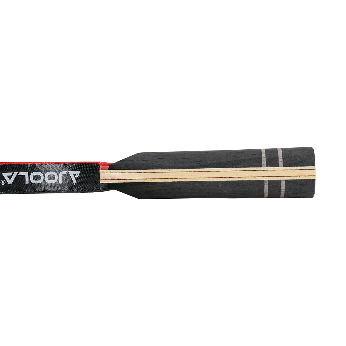 White background, close up image of the handle on the JOOLA Infinity Z Carbon Table Tennis Racket.