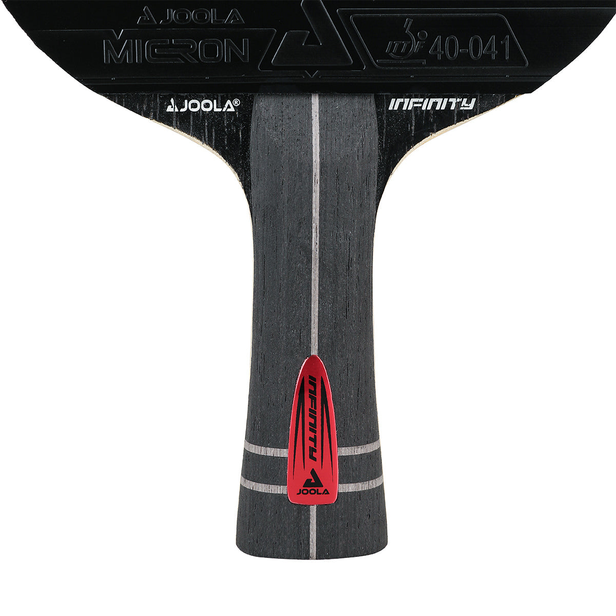 White background, close up image of the Infinity Z Carbon Table Tennis Racket with black gray and red handle.