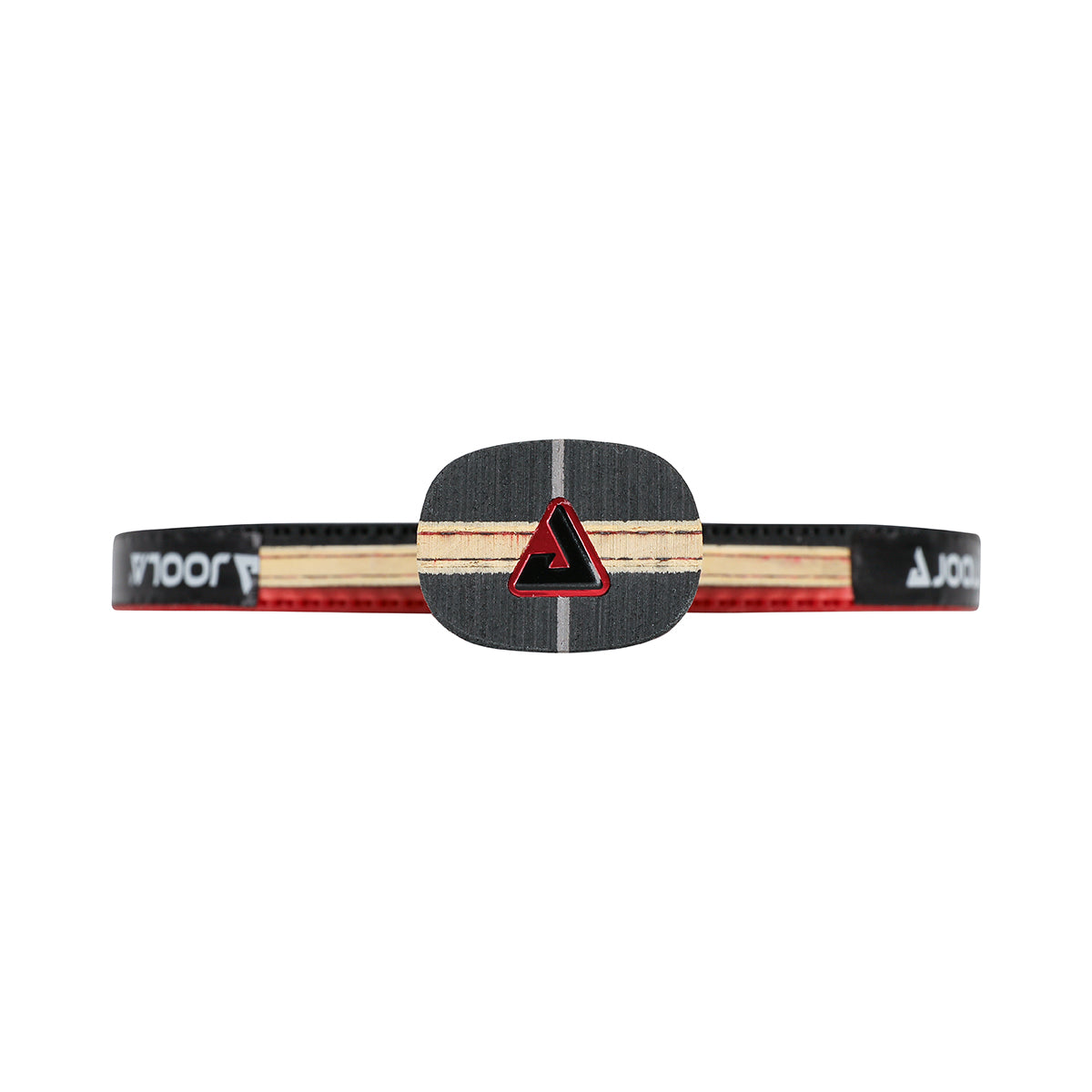 White background, image of the JOOLA trinity logo in black and red on the bottom of a JOOLA Infinity Z Carbon Table Tennis Racket.