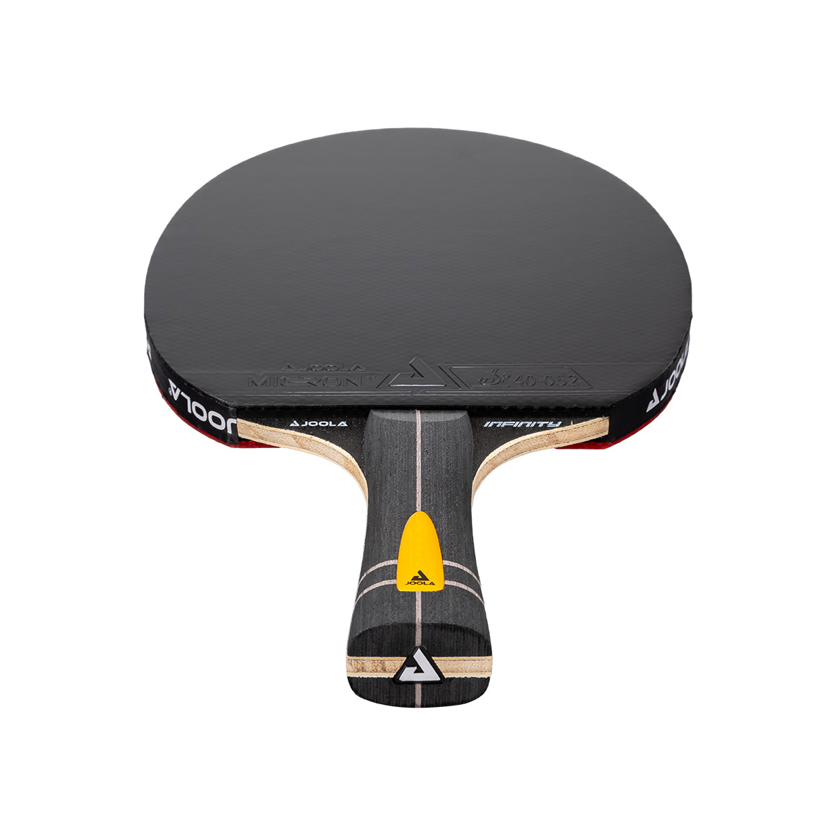 White background, JOOLA Infinty Carbon Table Tennis Racket with black surface, black and yellow handle.