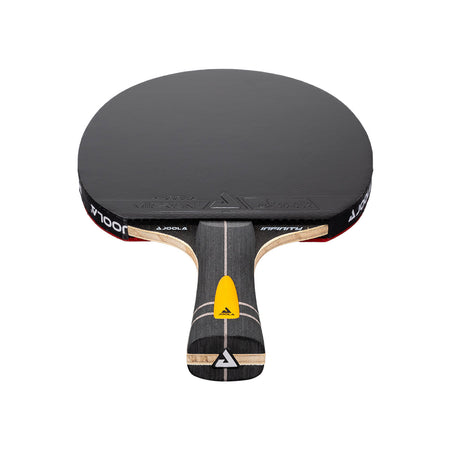 White background, JOOLA Infinty Carbon Table Tennis Racket with black surface, black and yellow handle.