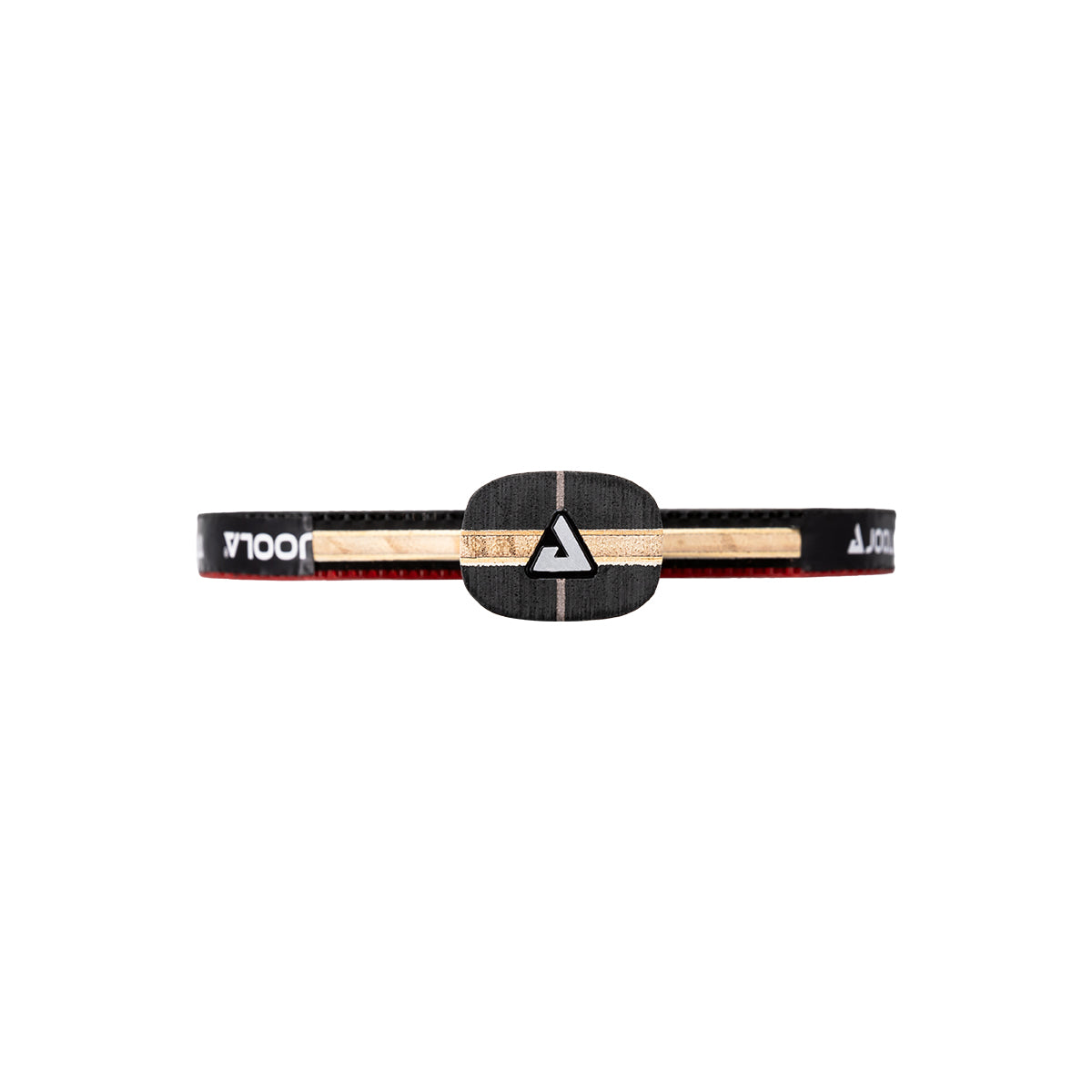 White background, image of the bottom of the JOOLA Infinity Carbon Table Tennis Racket showing the JOOLA Trinity logo on the bottom.