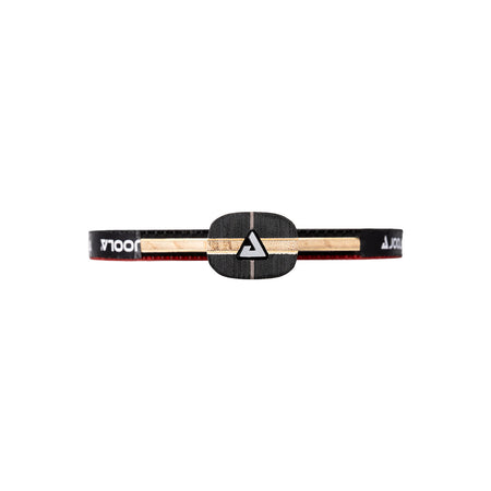 White background, image of the bottom of the JOOLA Infinity Carbon Table Tennis Racket showing the JOOLA Trinity logo on the bottom.