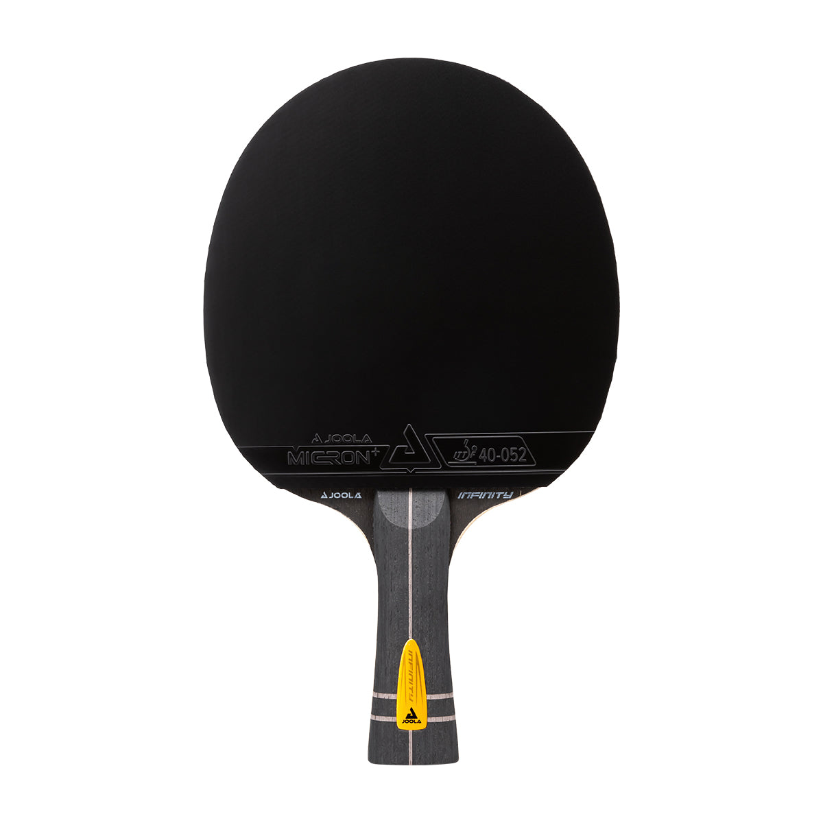 White background, black JOOLA Infinity Carbon Table Tennis Racket.