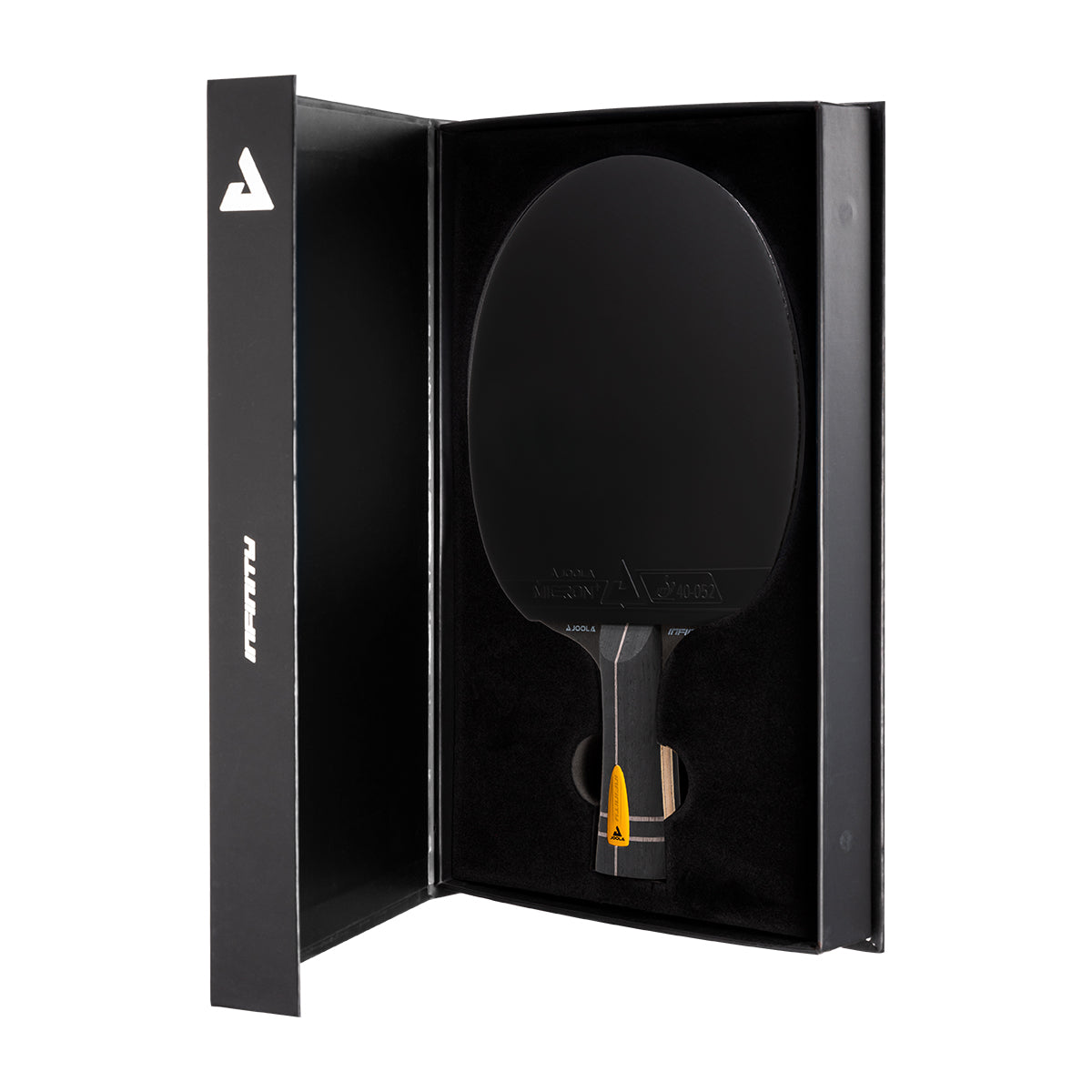 JOOLA Infinity Carbon Table Tennis Case, open to show the black Infinity Carbon racket inside.