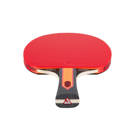 Red JOOLA table tennis racket with black handle on a white background.