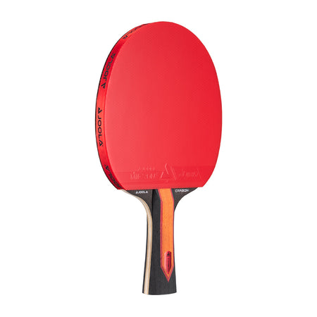 Red JOOLA table tennis racket with black handle on a white background.