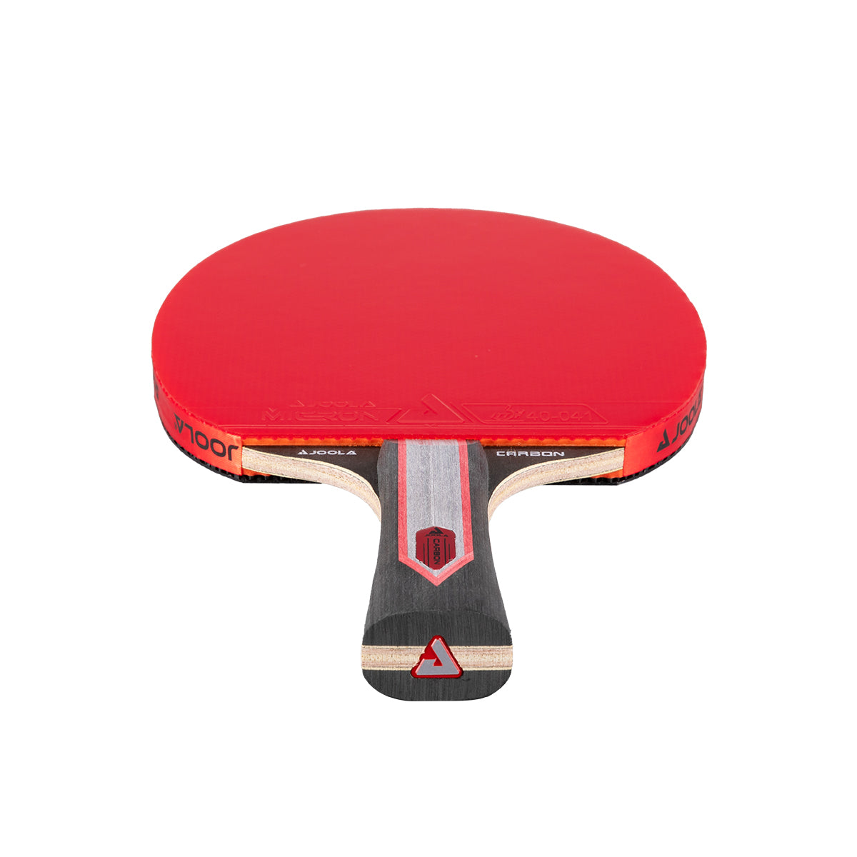 White background, JOOLA Red Carbon Pro Table Tennis racket with a red, black and gray handle.