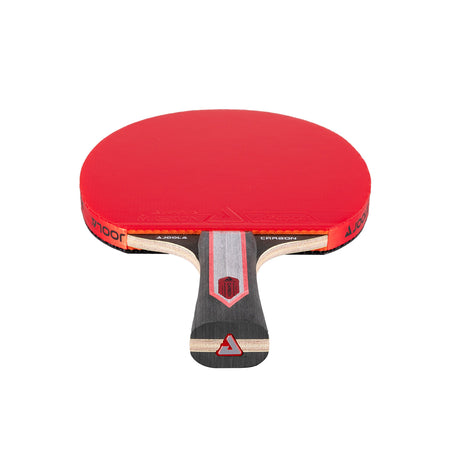 White background, JOOLA Red Carbon Pro Table Tennis racket with a red, black and gray handle.