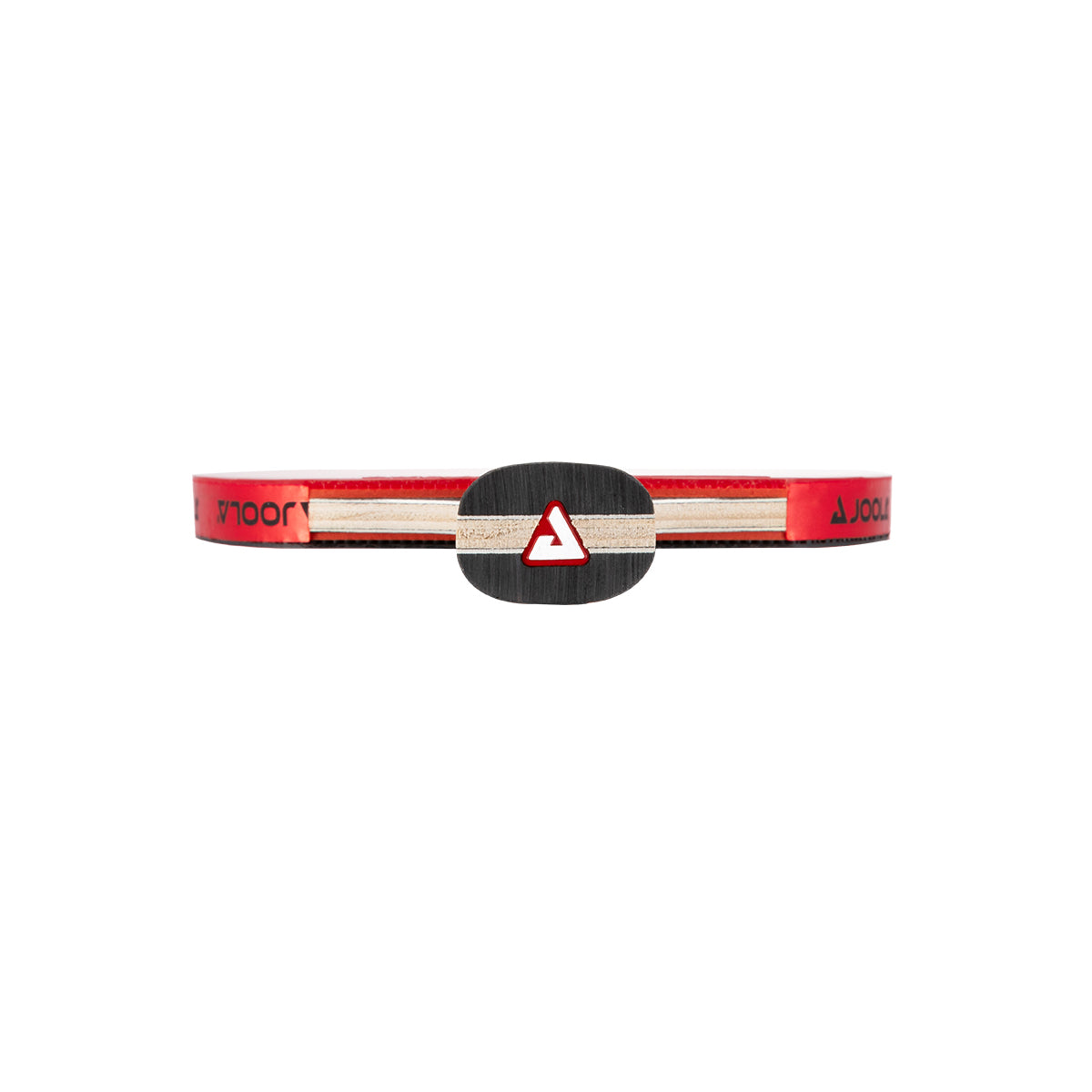 White background, Red Carbon Pro Table Tennis Racket, showing the bottom JOOLA Trinity logo in White, Black and Red.