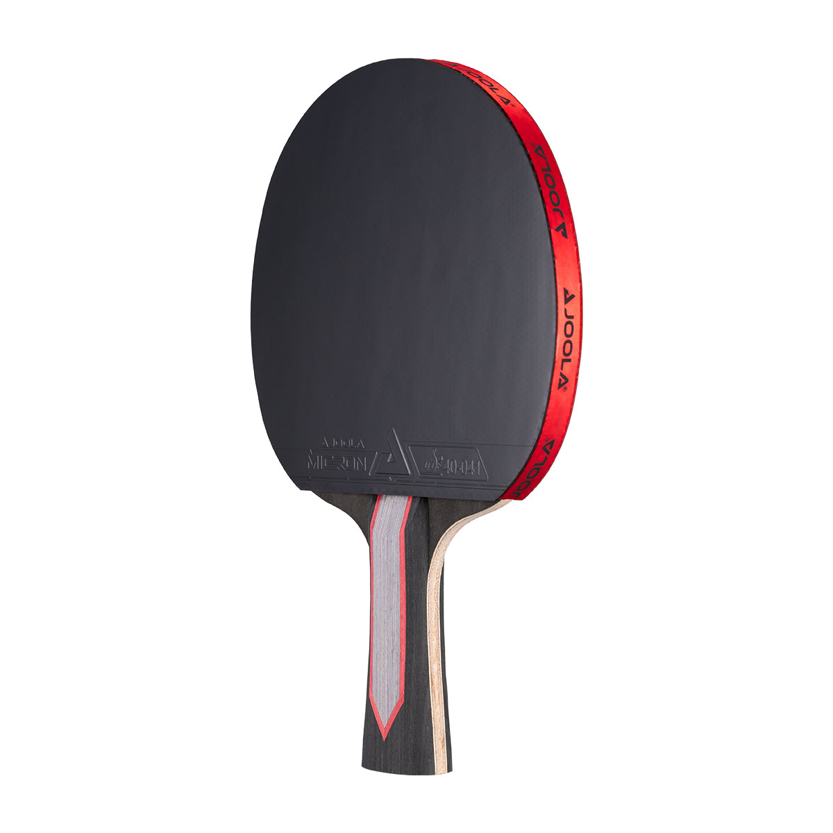 White background, JOOLA Black Carbon Pro Table Tennis racket with a red, black and gray handle.