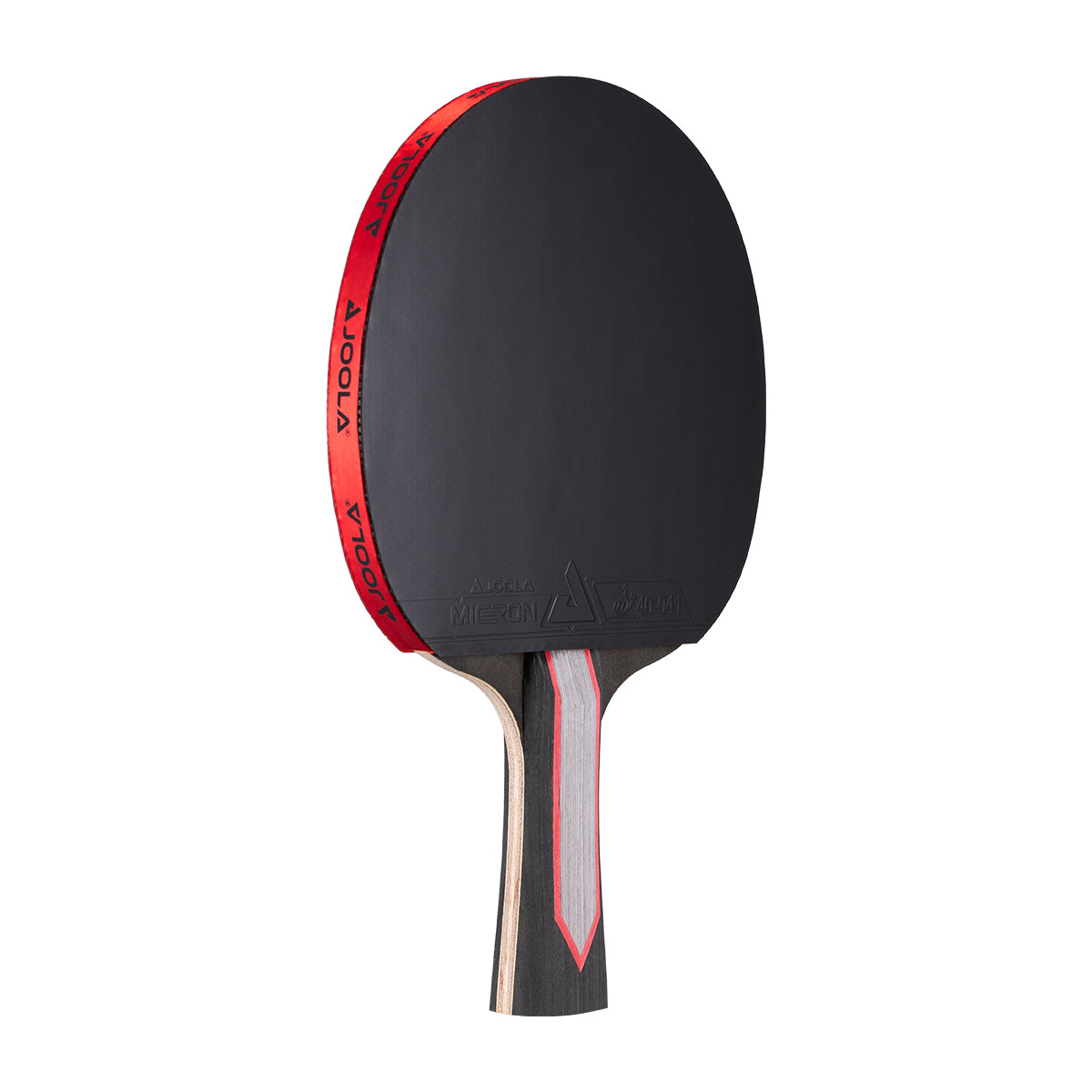 White background, JOOLA Black Carbon Pro Table Tennis racket with a red, black and gray handle.
