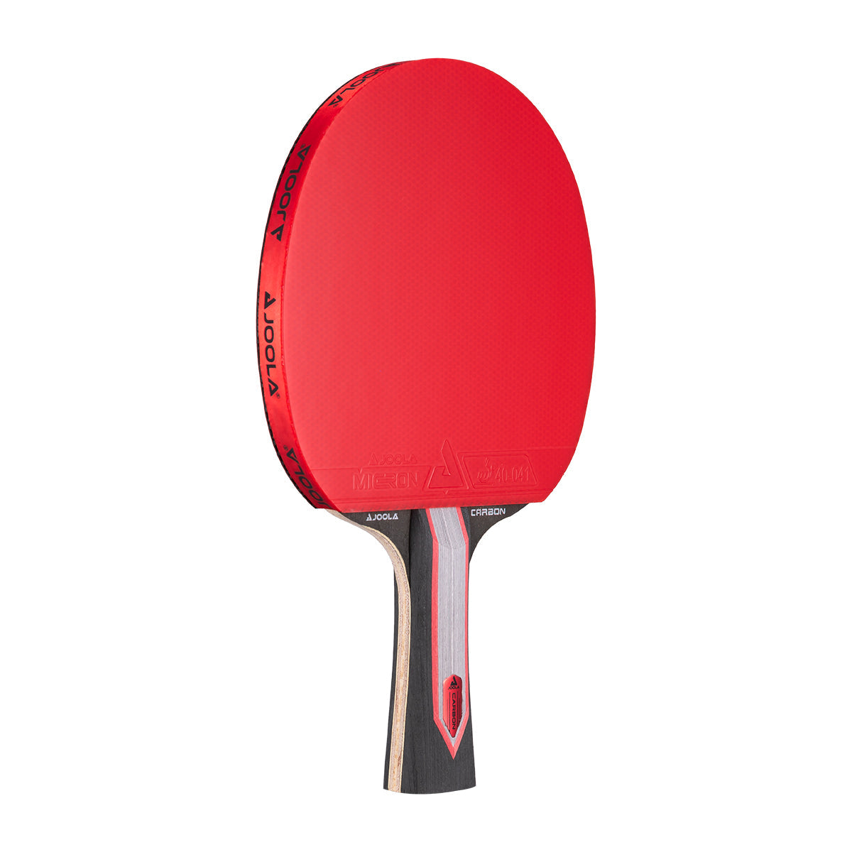 White background, JOOLA Red Carbon Pro Table Tennis racket with a red, black and gray handle.