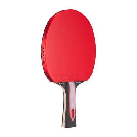White background, JOOLA Red Carbon Pro Table Tennis racket with a red, black and gray handle.