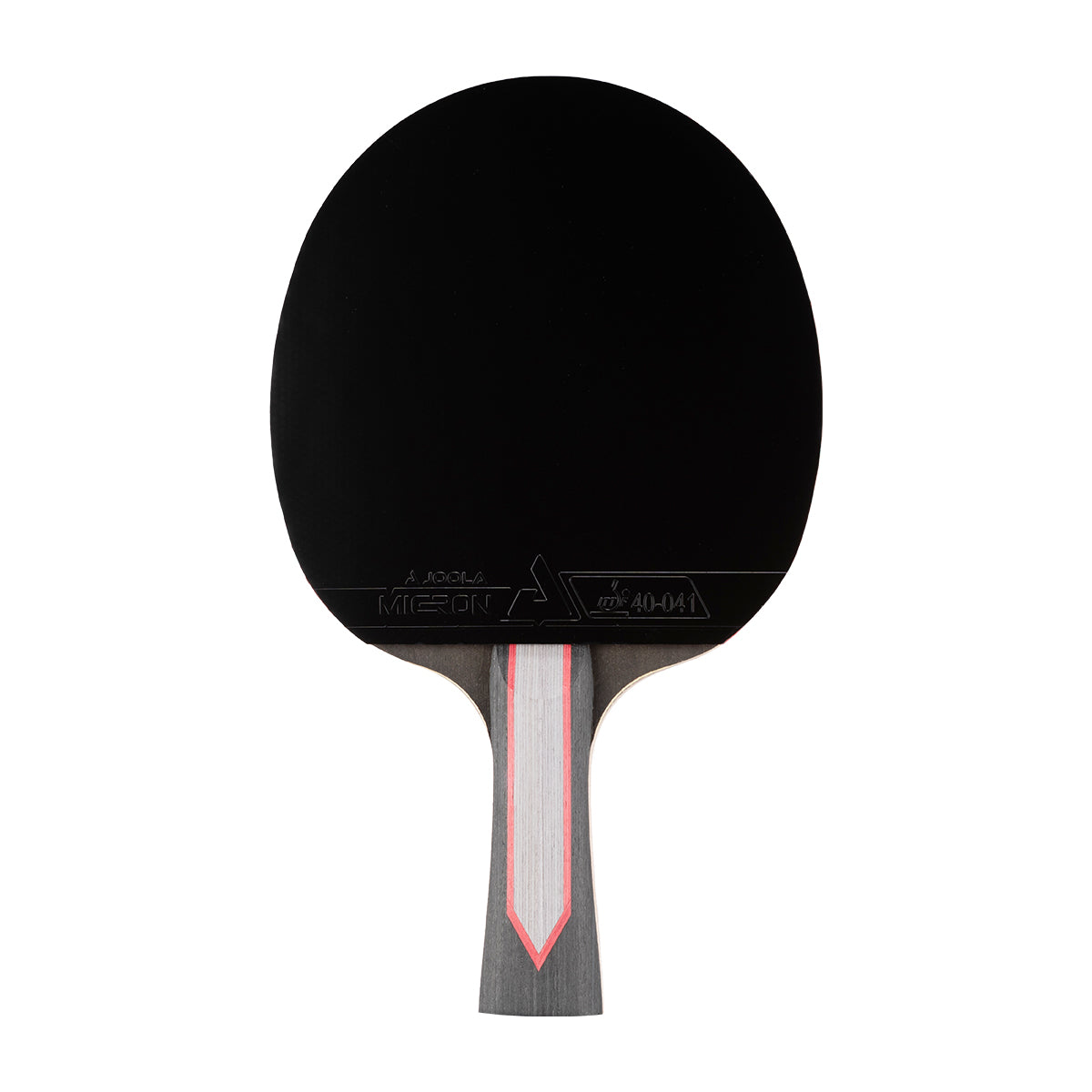 White background, JOOLA Red Carbon Pro Table Tennis Racket with black, red and gray handle and black surface.
