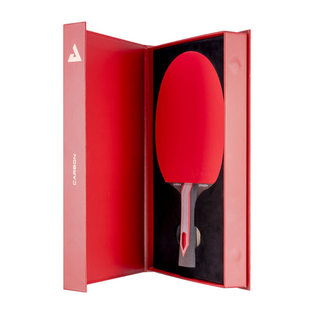 White background, JOOLA Red Carbon Pro Table Tennis Racket in a premuim case.