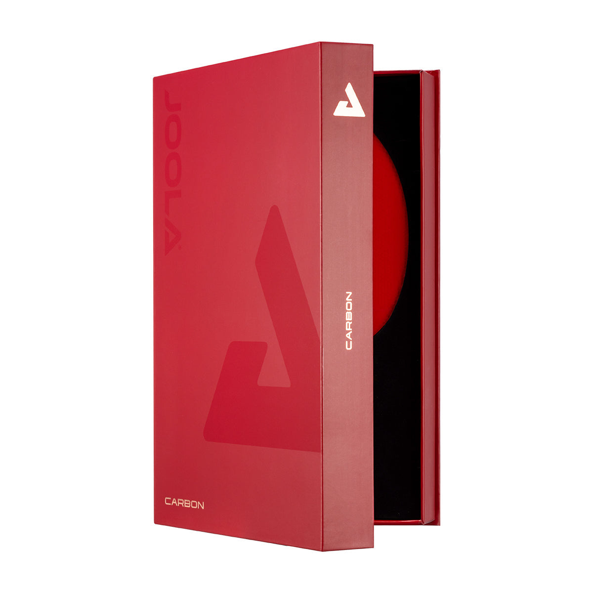 White background, JOOLA Red Carbon Pro Table Tennis Racket in a premuim case.