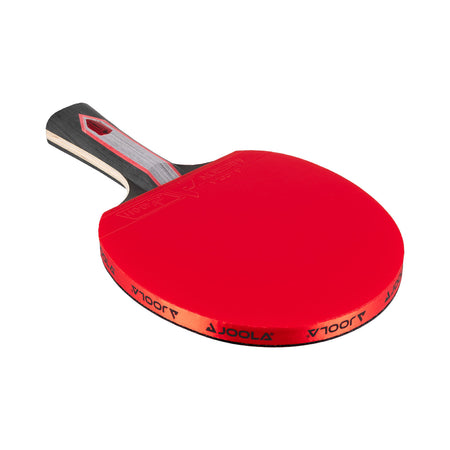 White background, JOOLA Red Carbon Pro Table Tennis racket with a red surface.