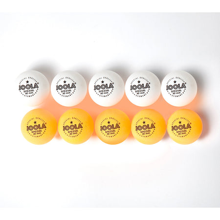 White Background Image: Five white and five orange JOOLA spezial table tennis balls.