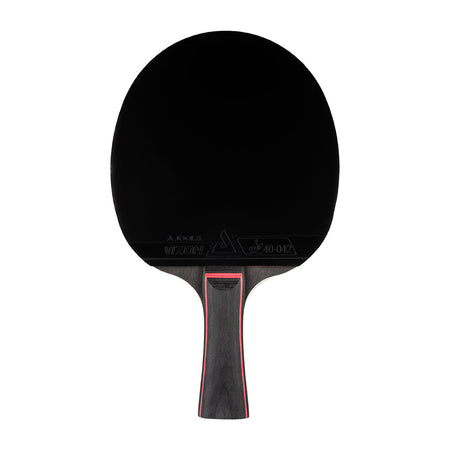 White background, JOOLA Table Tennis racket with a black surface and a black and red handle.