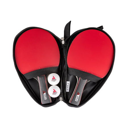 Table tennis paddle set with two paddles and two balls in a black case on a white background.